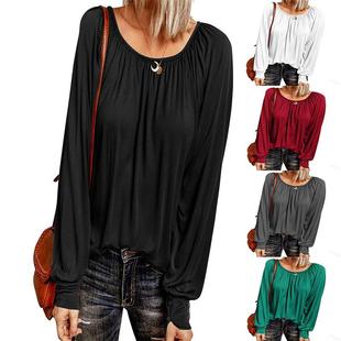 sleeve long round for color neck top casual women pleated