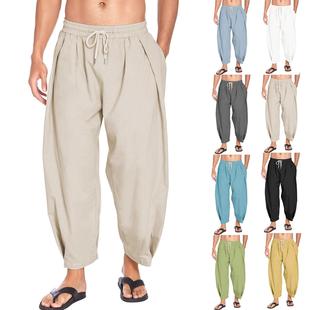 Cropped Cotton with Linen Yoga Beach Pants Pockets Casual