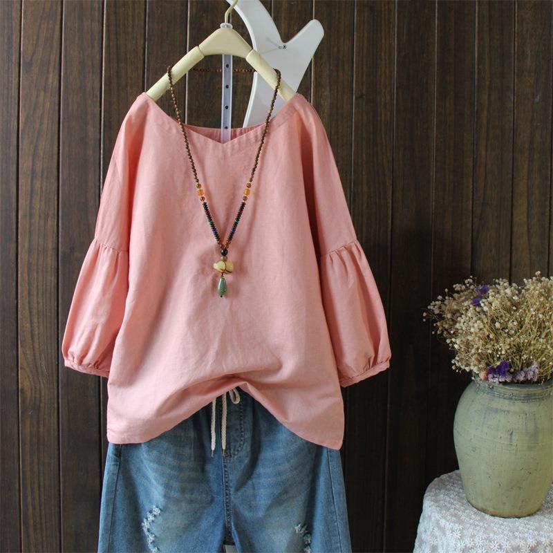 National art round cotton loose-fitting linen pullover neck