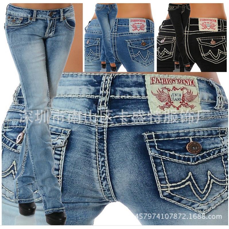 Colorful thread mid-rise thick embroidery pants stretch