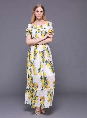 Womens Cool Lemon Dress Silk Short Sleeve One-shoulder Long