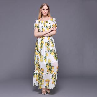 Womens Cool Lemon Dress Silk Short Sleeve One-shoulder Long