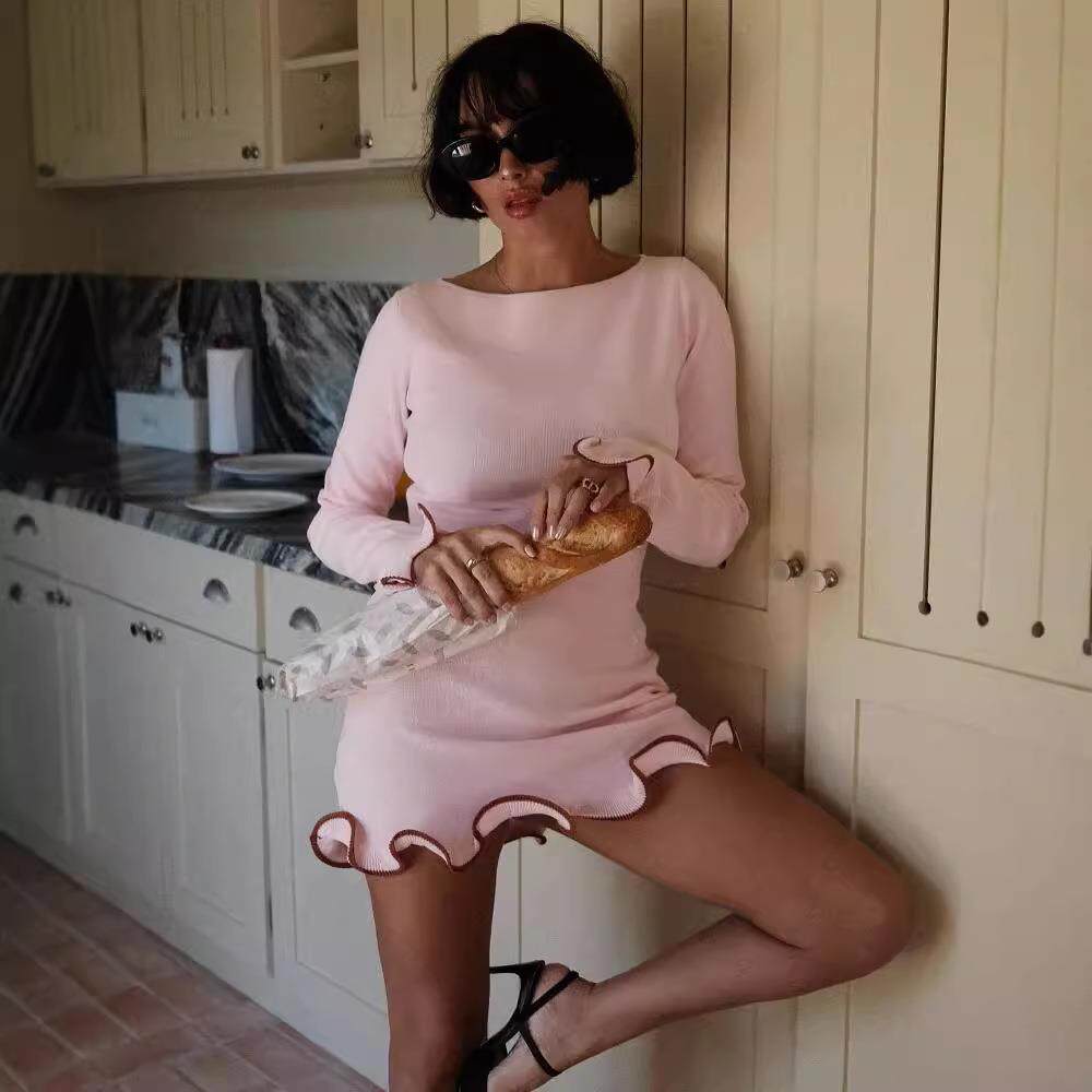 Women Dress Prom Sleeve Long Dress Knitted Curled Edge Mugu