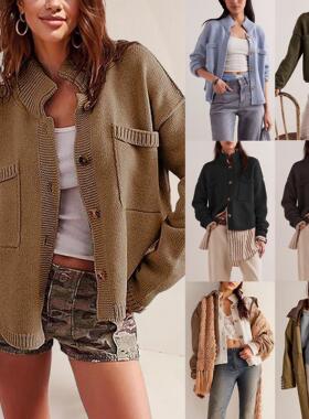 Clothing Womens Sweater Cardigan Color Solid Collar Stand