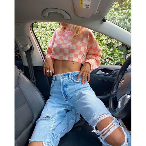 top knitted plaid square all-match outerwear sweater style