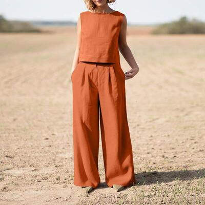 palazzo leg wide closure button tops sleeveless neck round