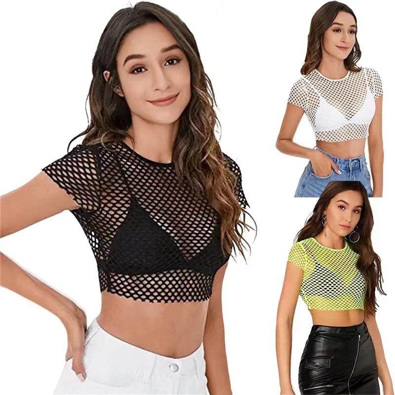 Cropped Shirt Mesh Fishnet Sports See-through Top T-shirt