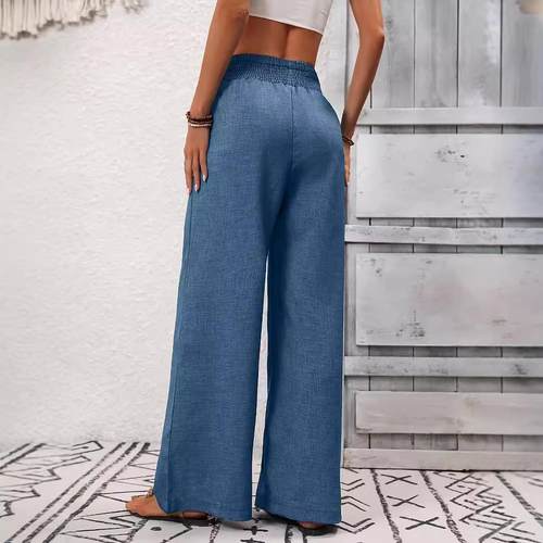 loose solid color waist leg pants pleated Womens wide