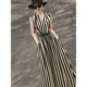 收腰系带V领条纹连衣裙女 气质高级感亚麻无袖 2026夏季 新款