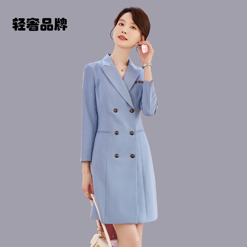 朗姿约定中长款短袖西装连衣裙女神范气质双排扣职业OL风正装裙