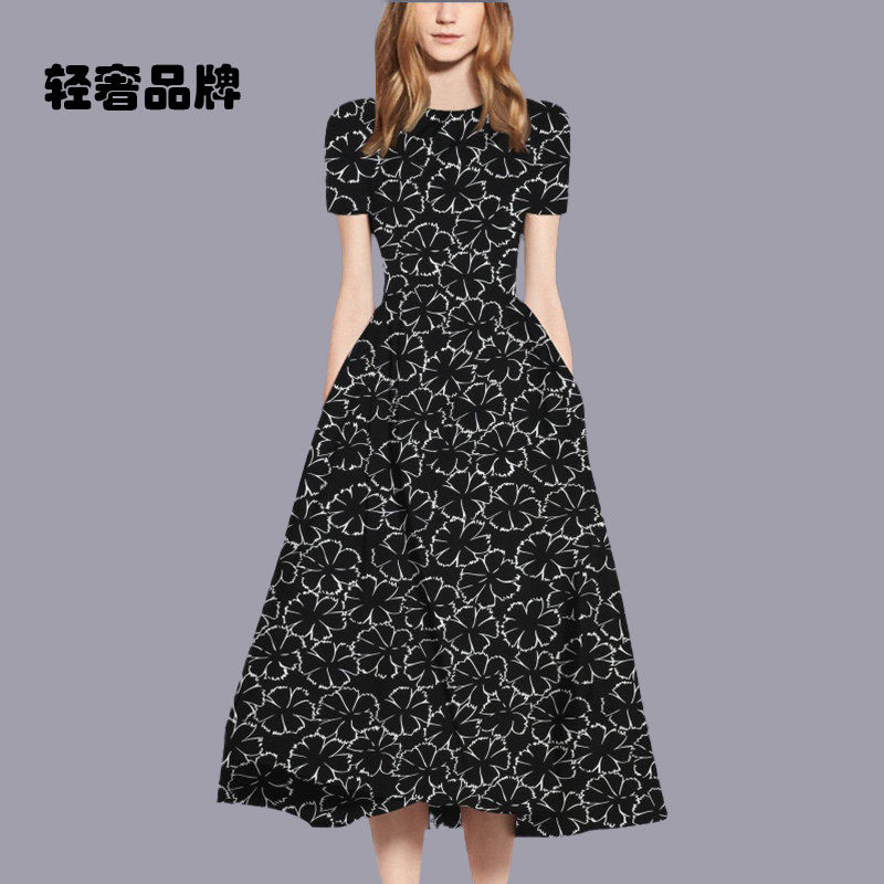 朗姿约定中长裙时尚气质印花连衣裙2026夏季新款修身显瘦大摆裙子