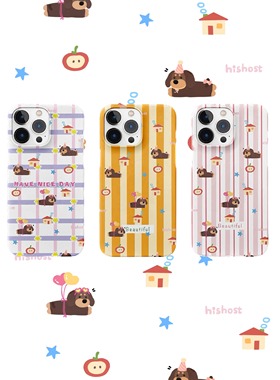 Hishot | 可爱腊肠狗狗格子条纹进口韩国单层菲林磁吸适用于苹果iPhone15/14/13/12proMax半包可爱手机保护壳