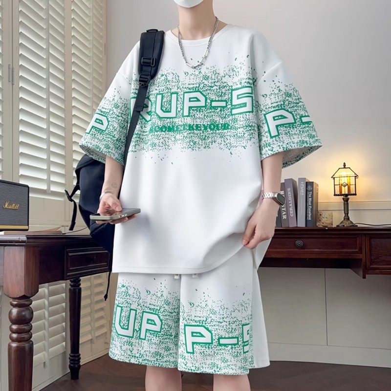 大码男装100-280斤冰丝短袖t恤男青少年夏装帅气短袖休闲运动套装