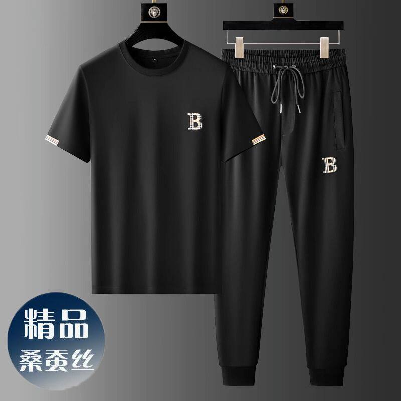 欧洲站潮牌高端桑蚕丝中青年休闲运动套装士新款韩版冰丝两件套