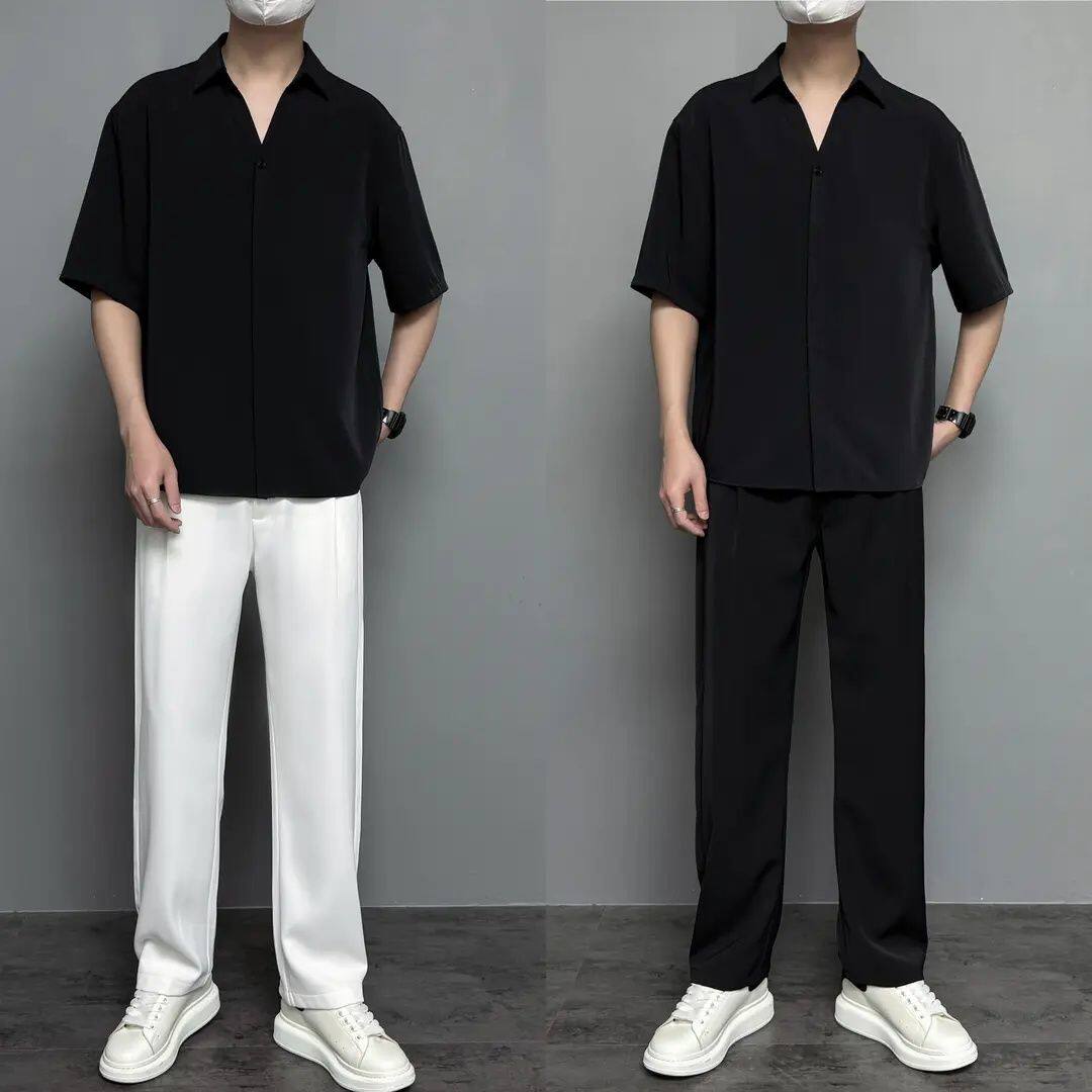 夏季男士短袖衬衫韩版宽松薄款大码衬衣痞帅时尚帅气轻熟条纹套装