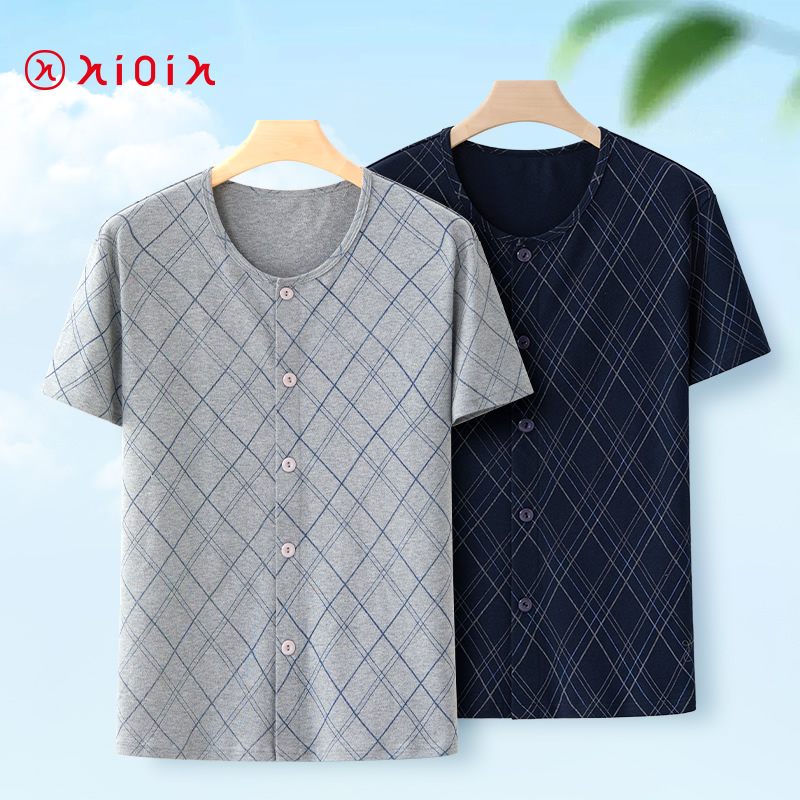 春夏纯棉印花开衫短袖男士T恤衫中年老人开襟家居服薄款可外穿