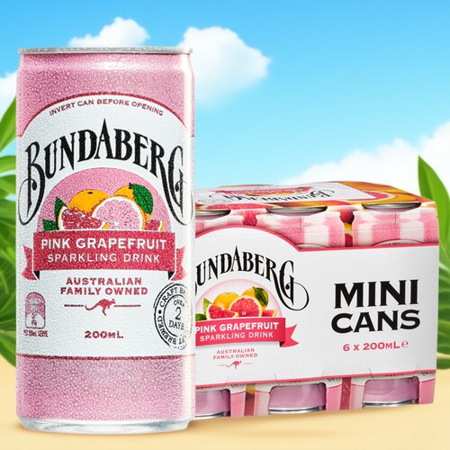 宾得宝Bundaberg血橙百香果气泡水果汁葡萄柚子汽水200ml罐装饮料