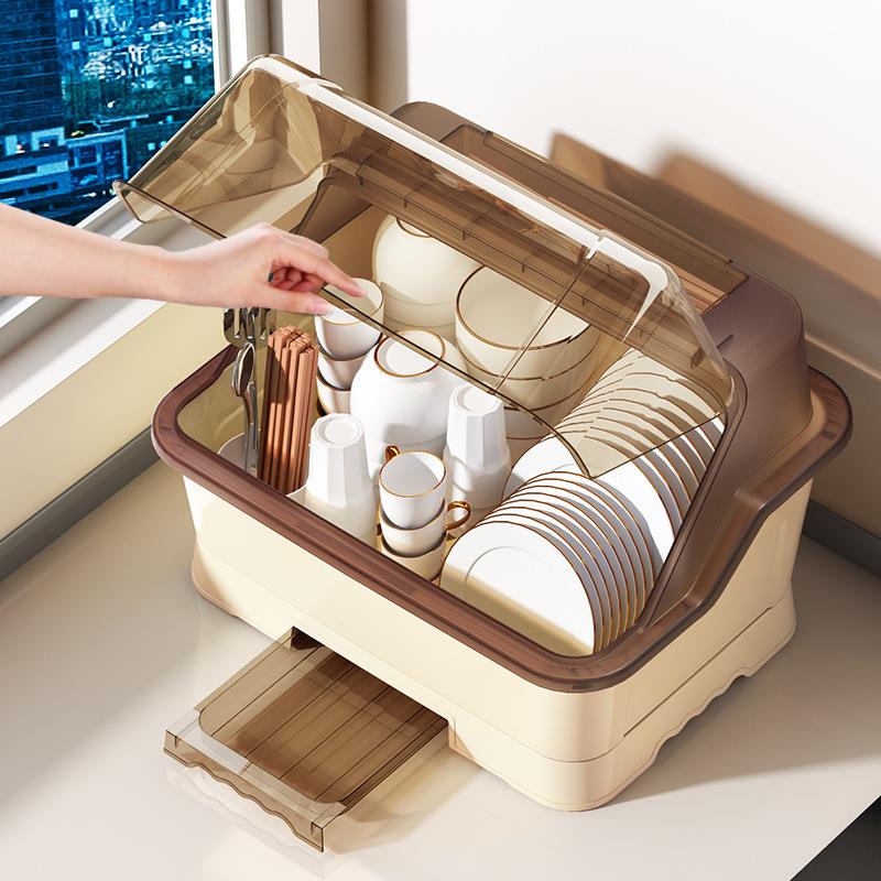 碗筷塑料收纳盒餐具碗盘沥水架厨房放碗家用带盖防虫置物沥水碗架
