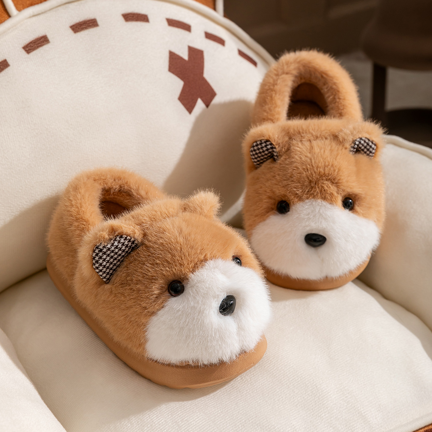 小熊儿童棉拖鞋冬季包跟毛绒保暖