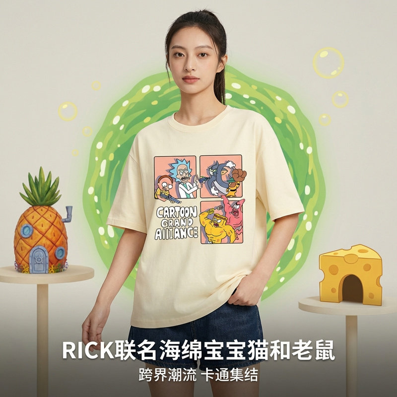 RICK联名海绵宝宝猫和老鼠T恤男衣服短袖汤姆杰瑞派大星夏棉潮牌
