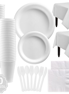 白色派对餐具纯色塑料餐具盘子杯子碟子桌布儿童生日道具装饰布置