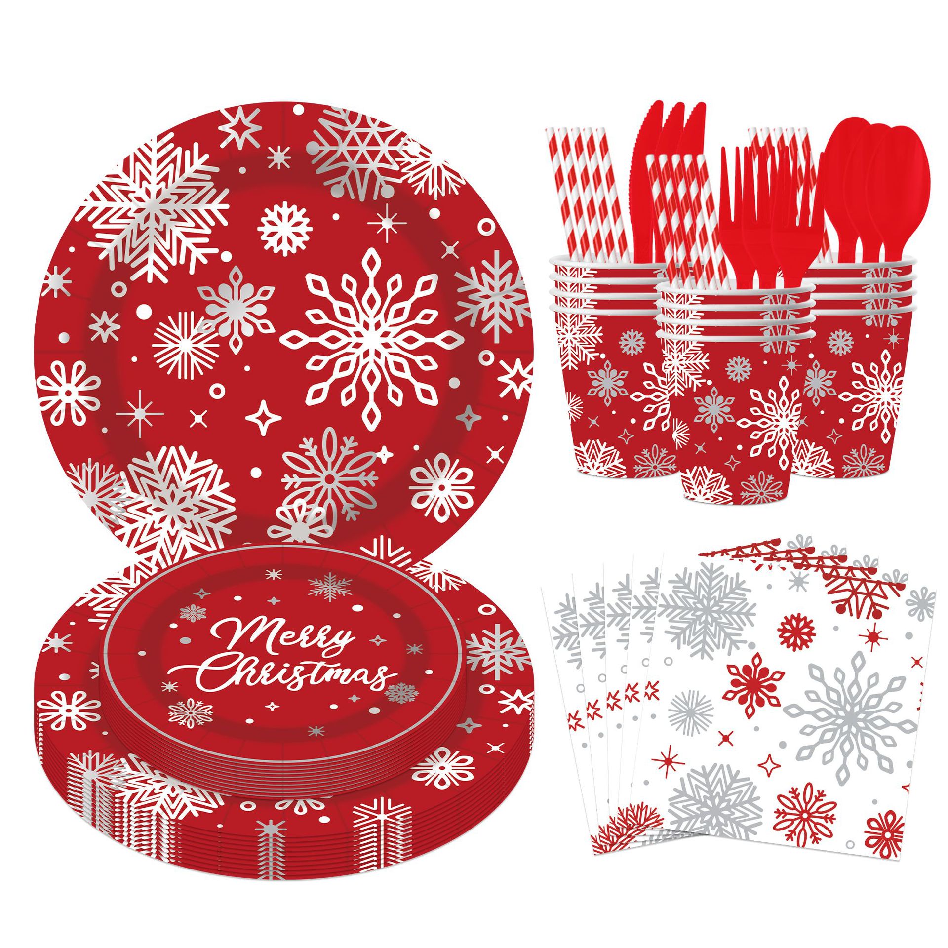 圣诞节红色雪花主题节日派对装饰场地布置一次性纸盘纸杯纸巾餐具