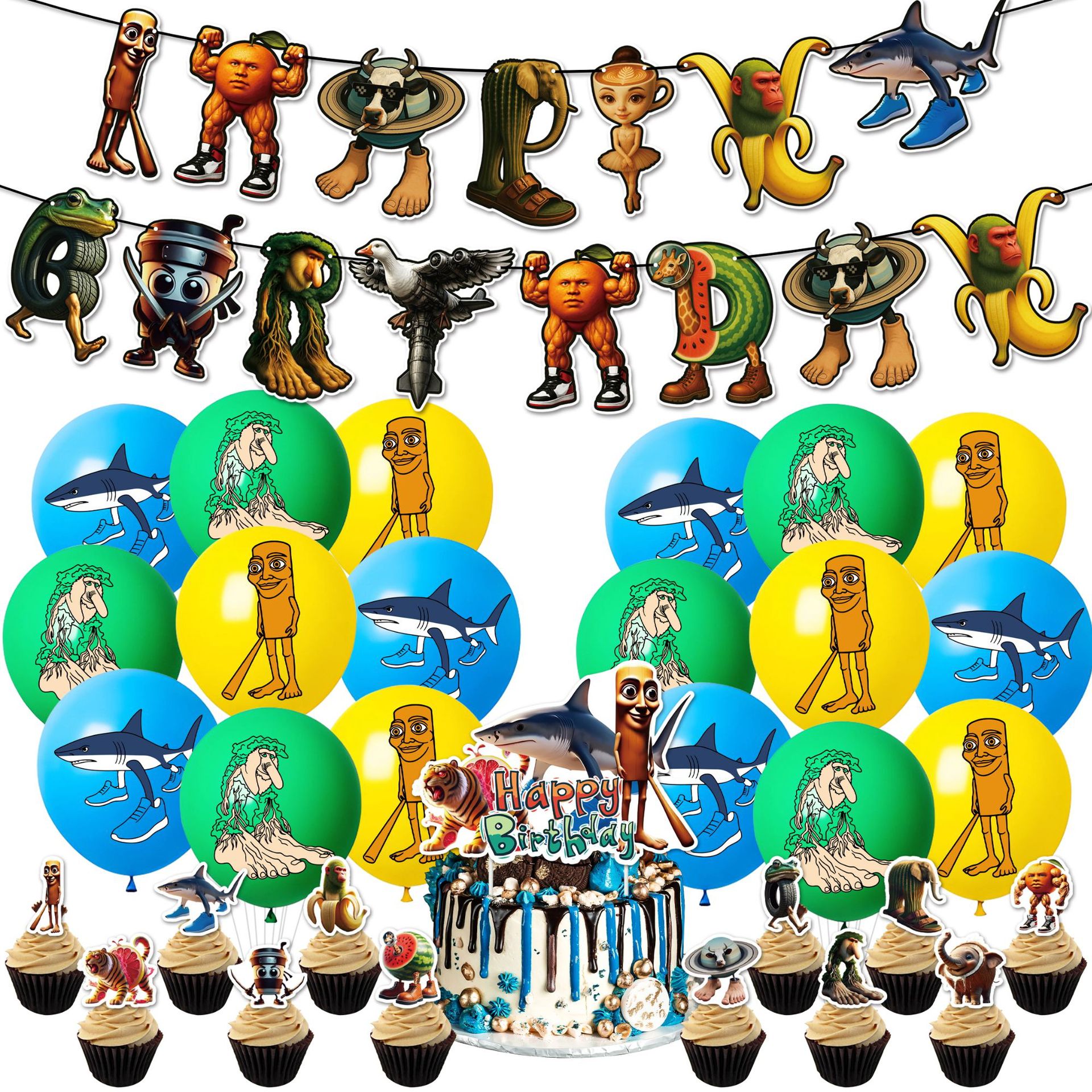 美国山海经主题生日派对装饰游戏Brainrot鲨鱼木棒拉旗蛋糕插气球