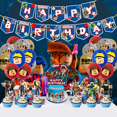 Roblox虚拟世界主题生日布置拉旗气球蛋糕插罗布乐思派对装饰套装