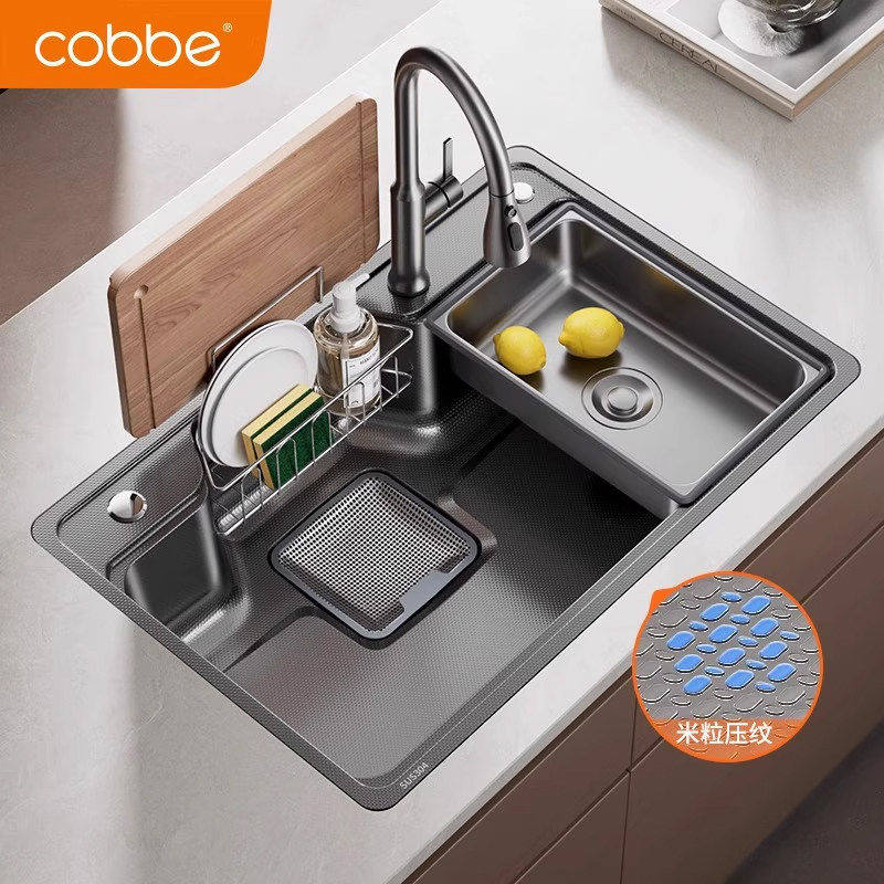 卡贝304不锈钢侧排款水槽大单槽加厚厨房家用台下洗碗盆池洗菜盆
