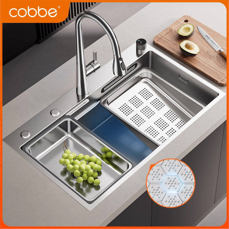 卡贝304不锈钢飞雨水槽洗菜盆大单槽家用厨房菜盆洗碗槽池台下盆