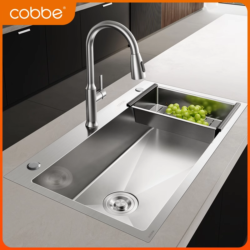 卡贝304不锈钢水槽大单槽加厚侧排水洗菜盆厨房洗碗台下盆洗菜池