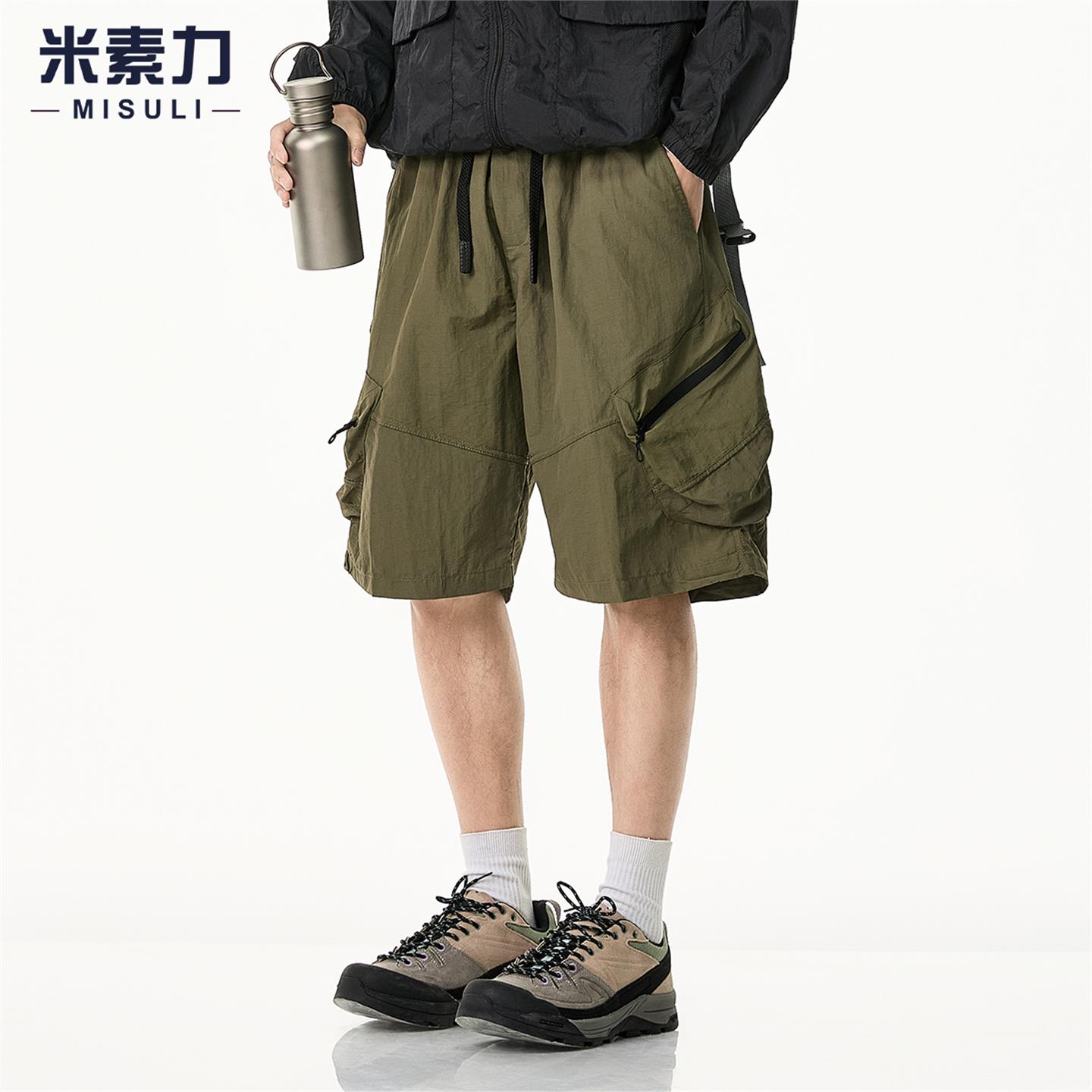 夏季凉感冰丝男士短裤美式工装五分中裤宽松bf慵懒风百搭米色裤子