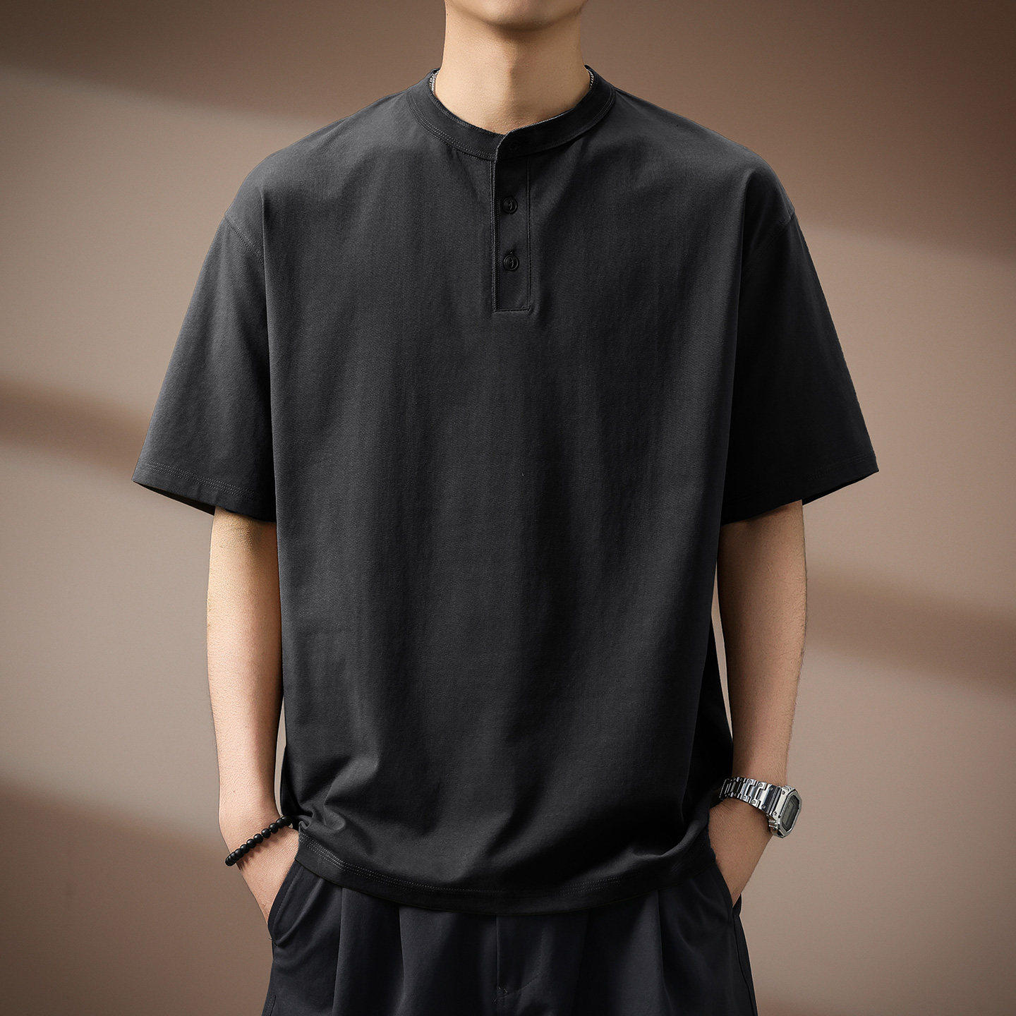 日系复古亨利领短袖T恤男士夏季新款高端纯色休闲宽松纯棉Polo衫