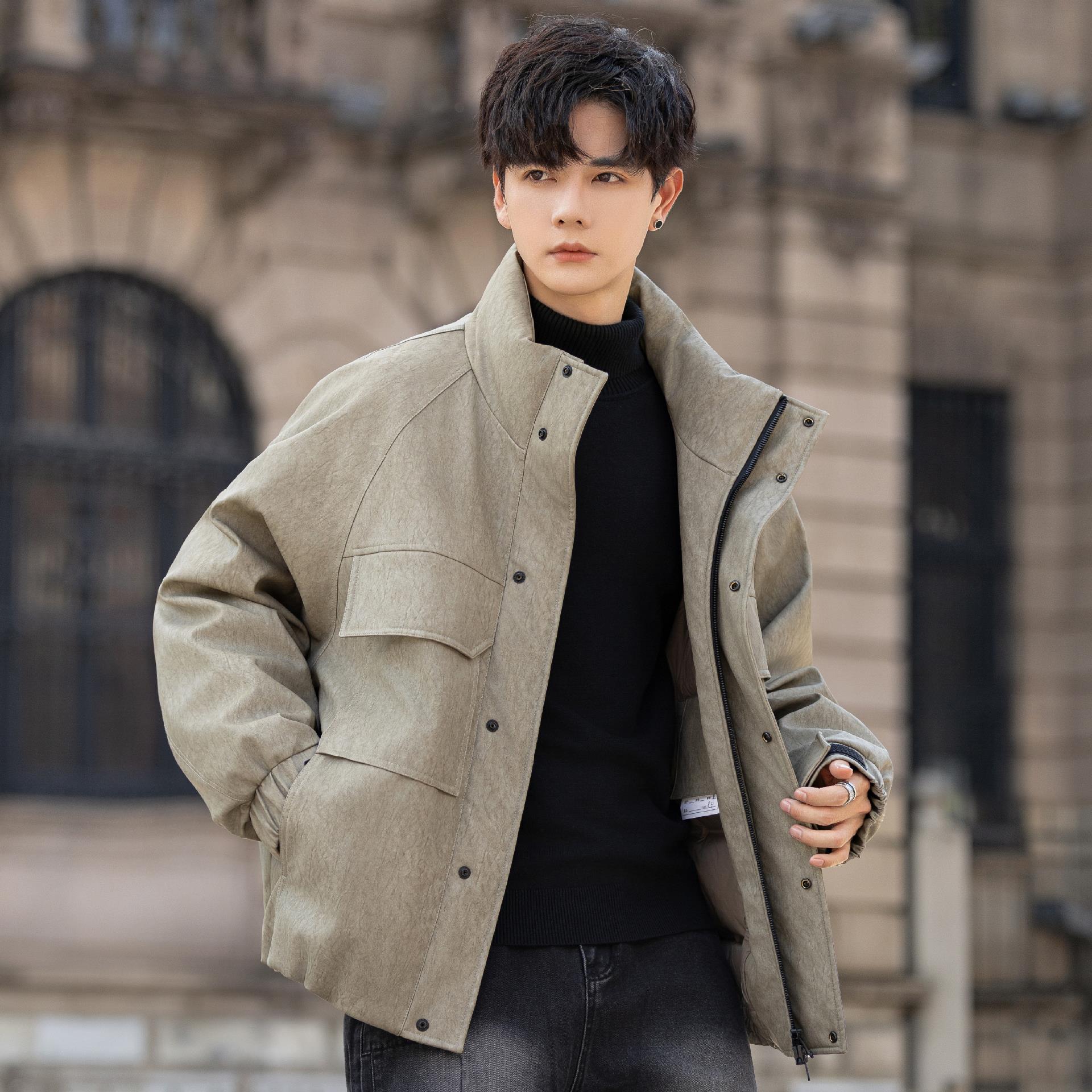 立领PU皮衣羽绒服男士冬季加厚保暖2025新款高端工装夹克短款外套