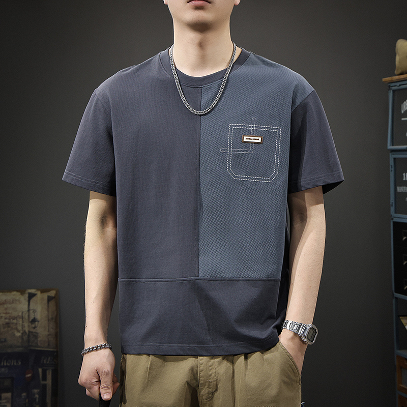 夏季薄款短袖T恤男士潮流撞色拼接创意设计感半袖舒适宽松体恤衫