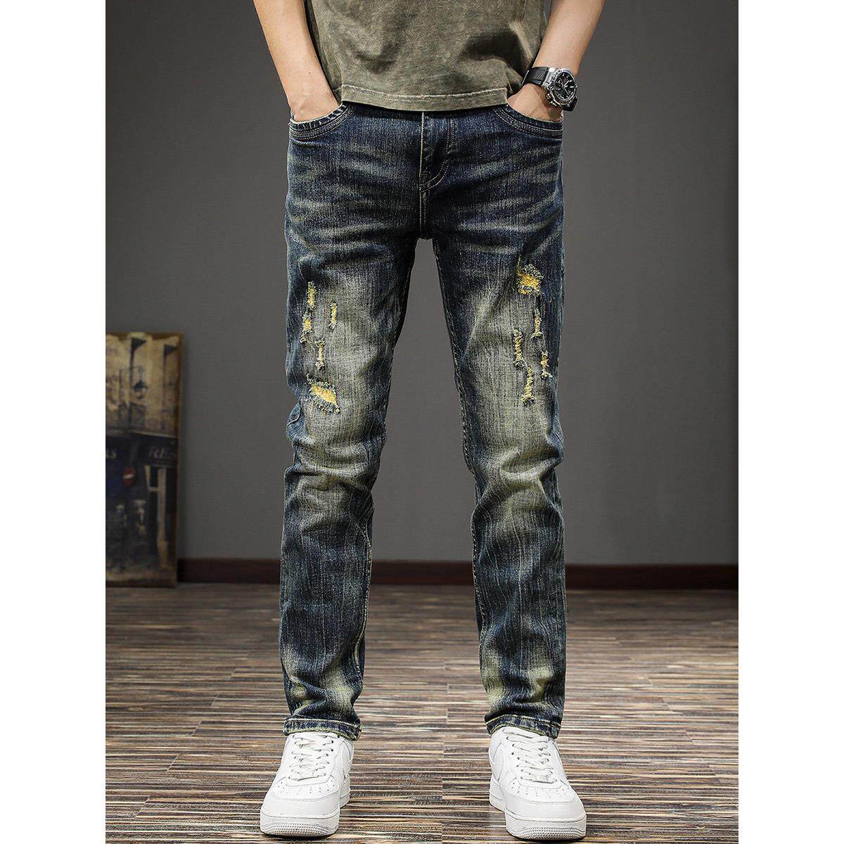 高端美式复古做旧水洗男士牛仔裤潮牌痞帅破洞乞丐裤秋季直筒长裤