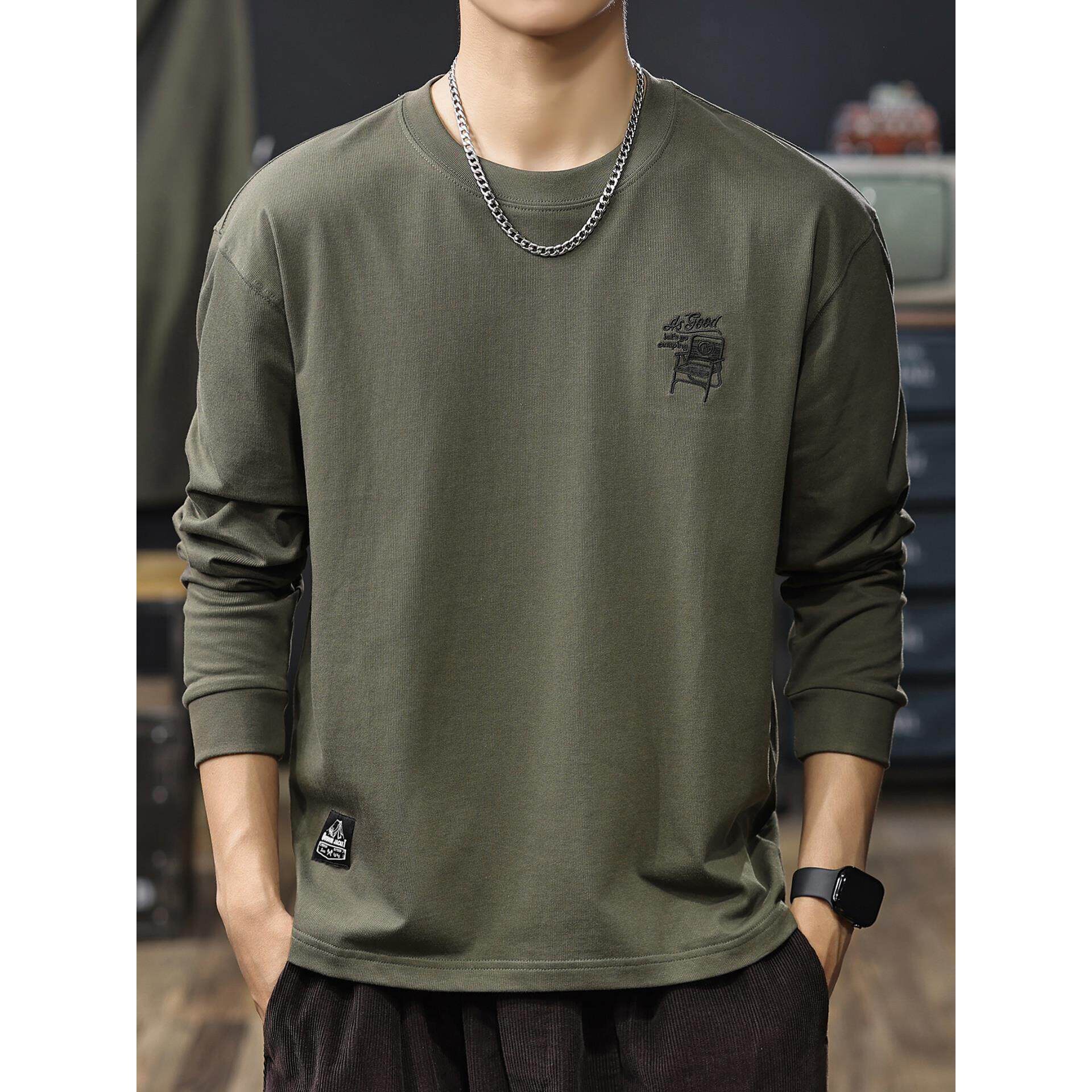 春季2026新款刺绣圆领长袖t恤男宽松内搭打底衫春秋男士休闲卫衣