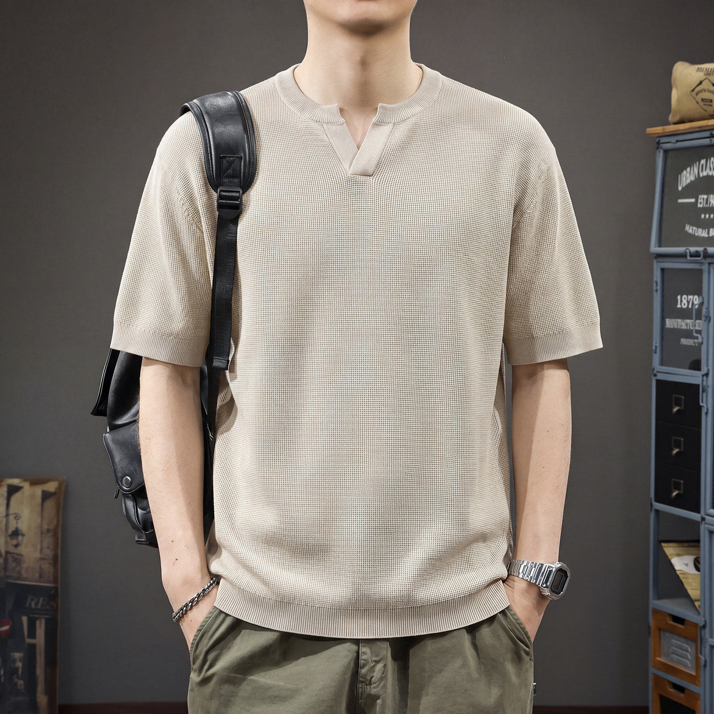 美式老钱风针织衫套头V领短袖T恤男夏季新款高级感通勤五分袖上衣