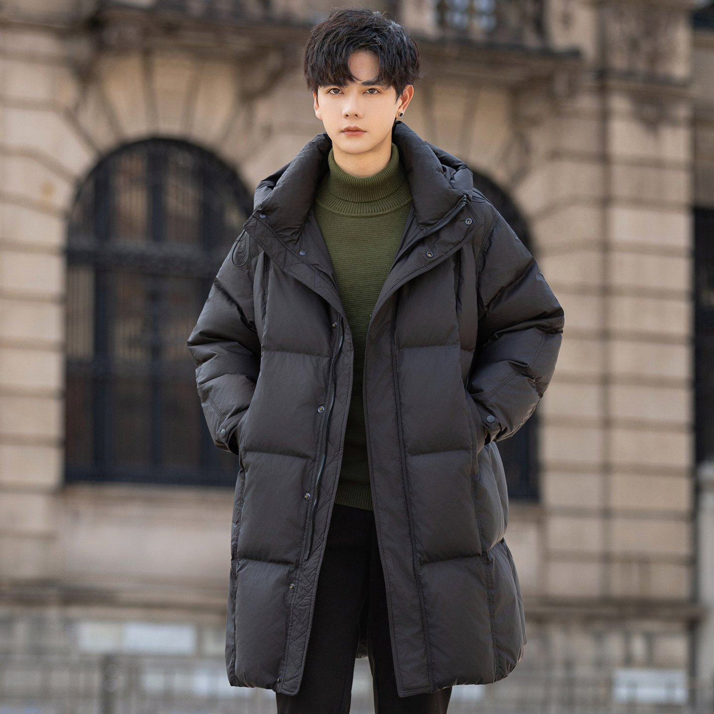 90绒高充绒量连帽男士羽绒服中长款2025新款冬季加厚保暖外套防寒