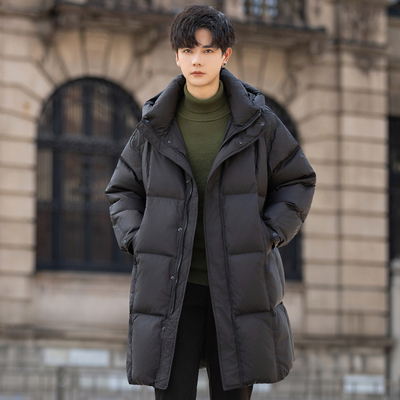 90绒高充绒量连帽男士羽绒服中长款2025新款冬季加厚保暖外套防寒
