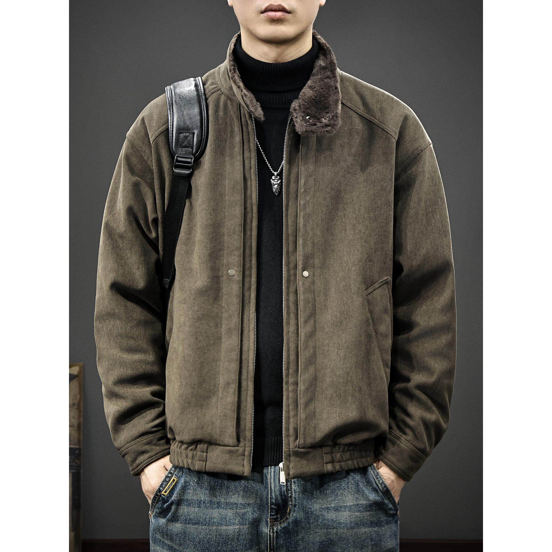 2025冬季新款美式灯芯绒夹克男宽松大码立领保暖棉服防风上衣外套