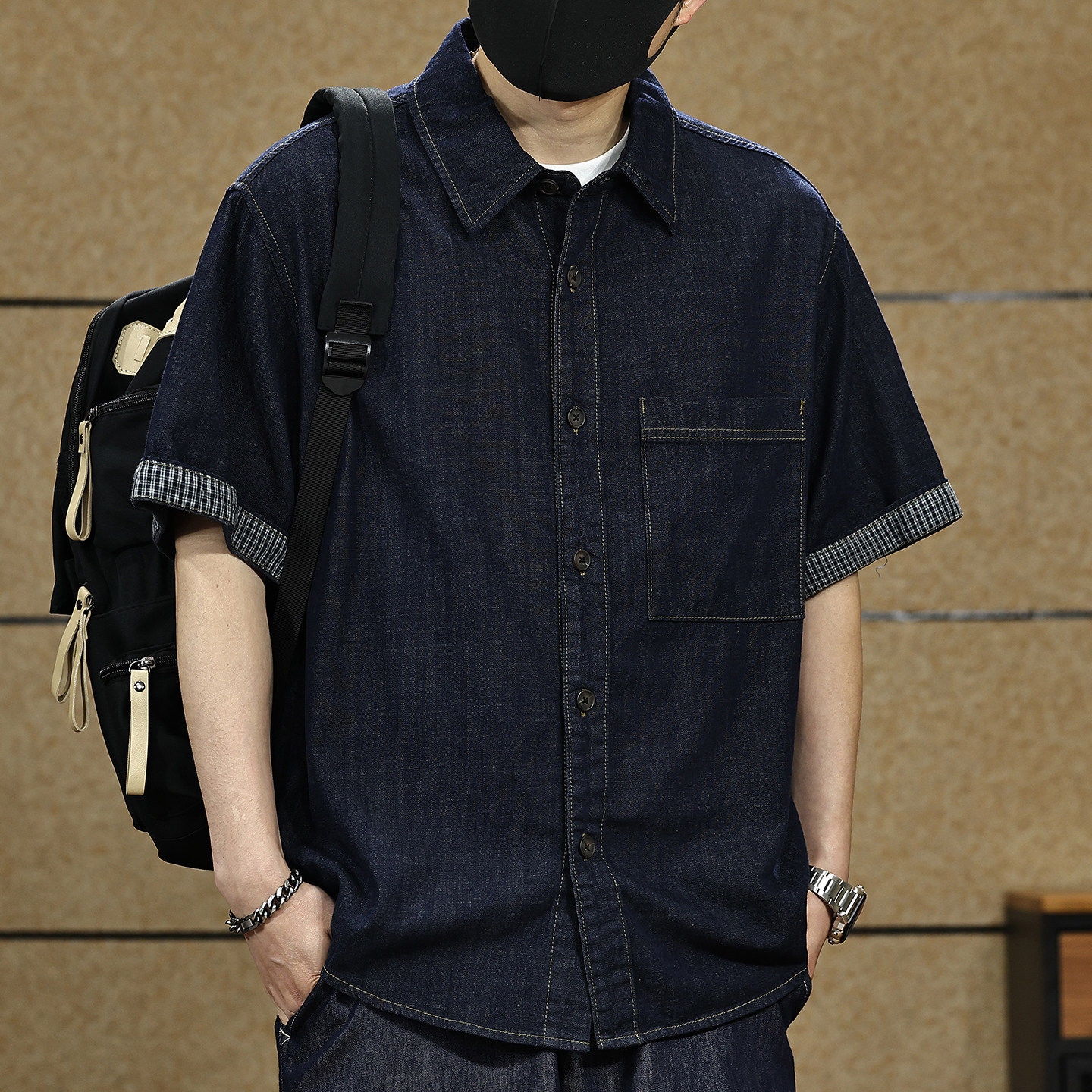 美式潮牌格子拼接棉麻牛仔短袖衬衫男士夏季新款宽松休闲半袖衬衣