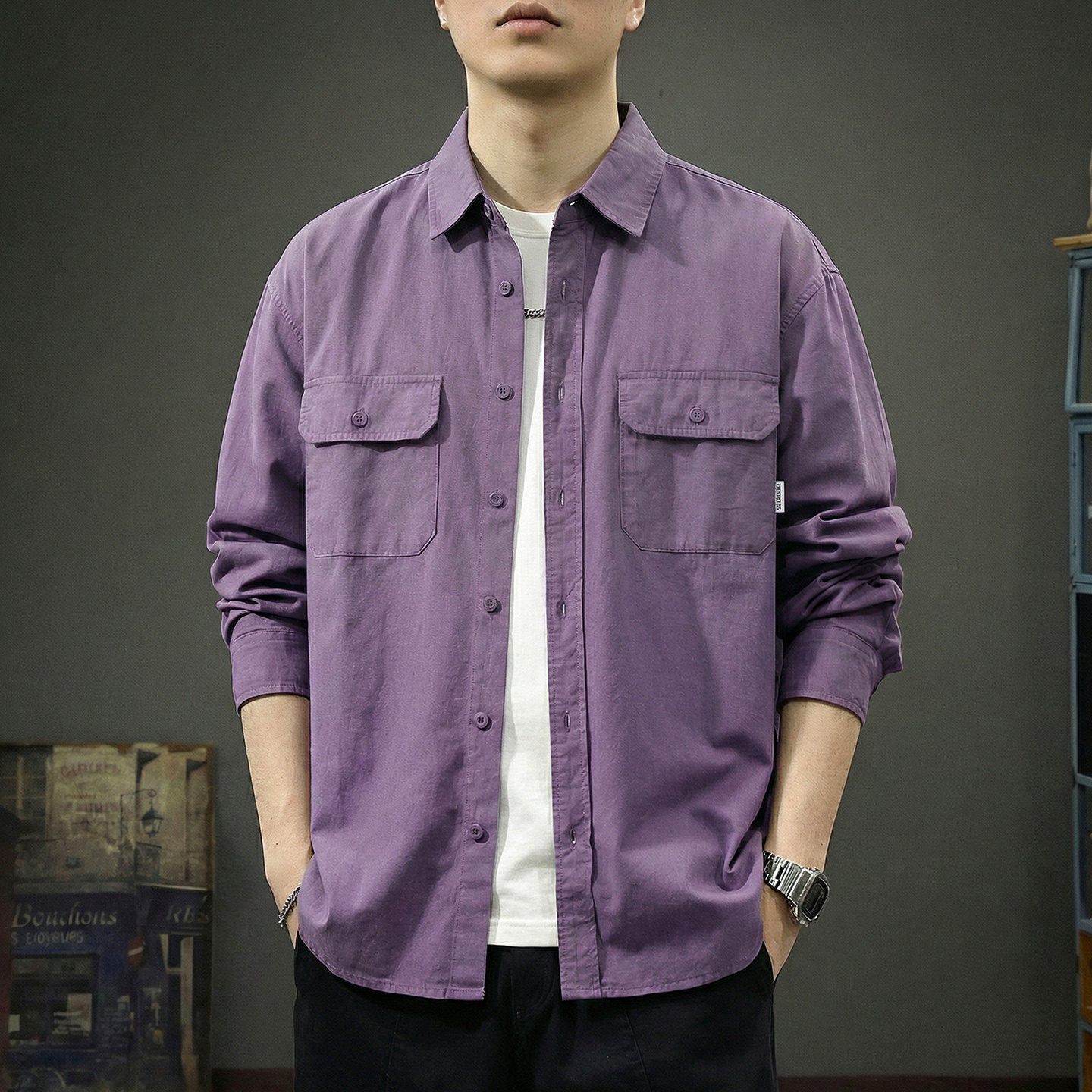 2026新款纯棉工装长袖衬衫男春季重磅翻领衬衣男款高级感紫色外套