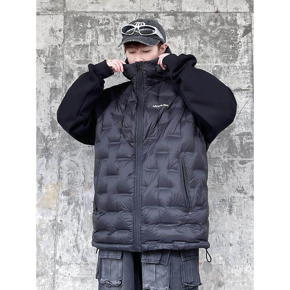 美式潮牌高级感轻薄连帽拼接龟背羽绒服男加肥加大码短款连帽外套