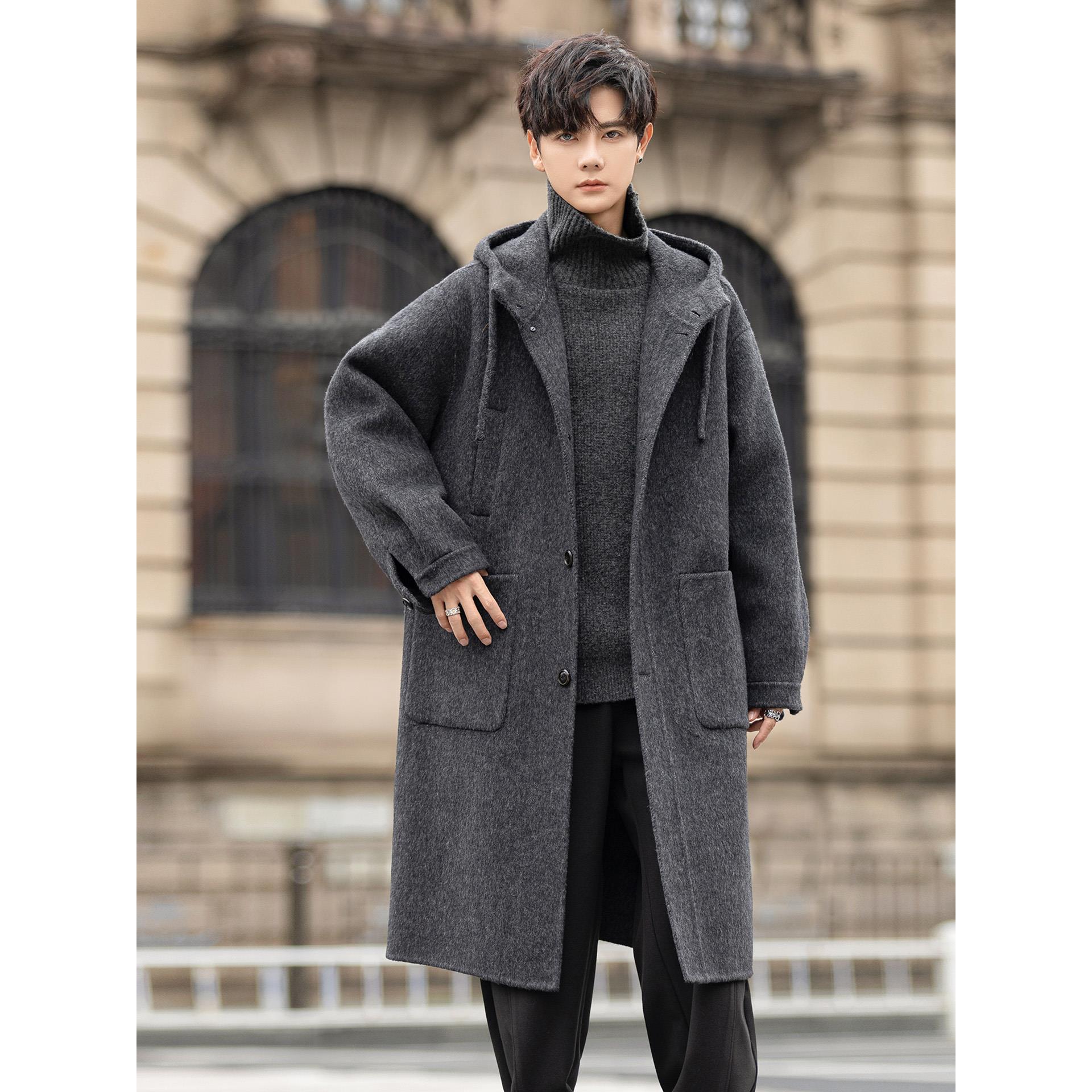 D7K连帽设计感大衣25冬装新款羊毛混纺中长款休闲双面毛呢外套男