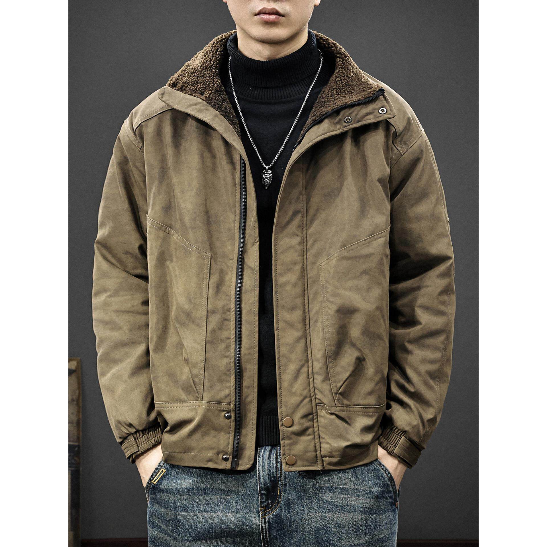 2025冬季美式重磅羊羔绒夹克男复古立领工装棉服防风加厚上衣外套