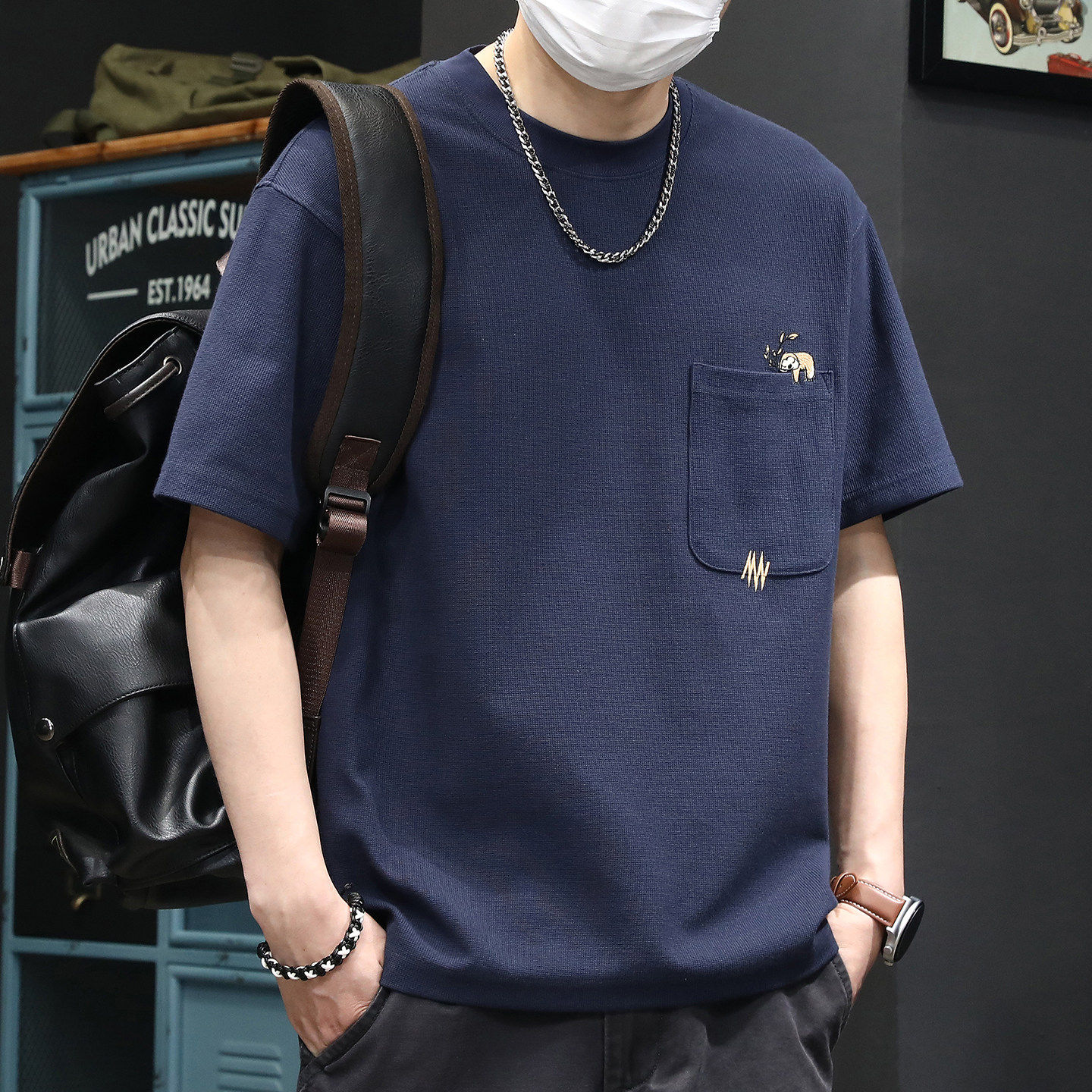 260g重磅亲肤华夫格短袖T恤男夏季潮牌宽松圆领口袋刺绣体恤上衣