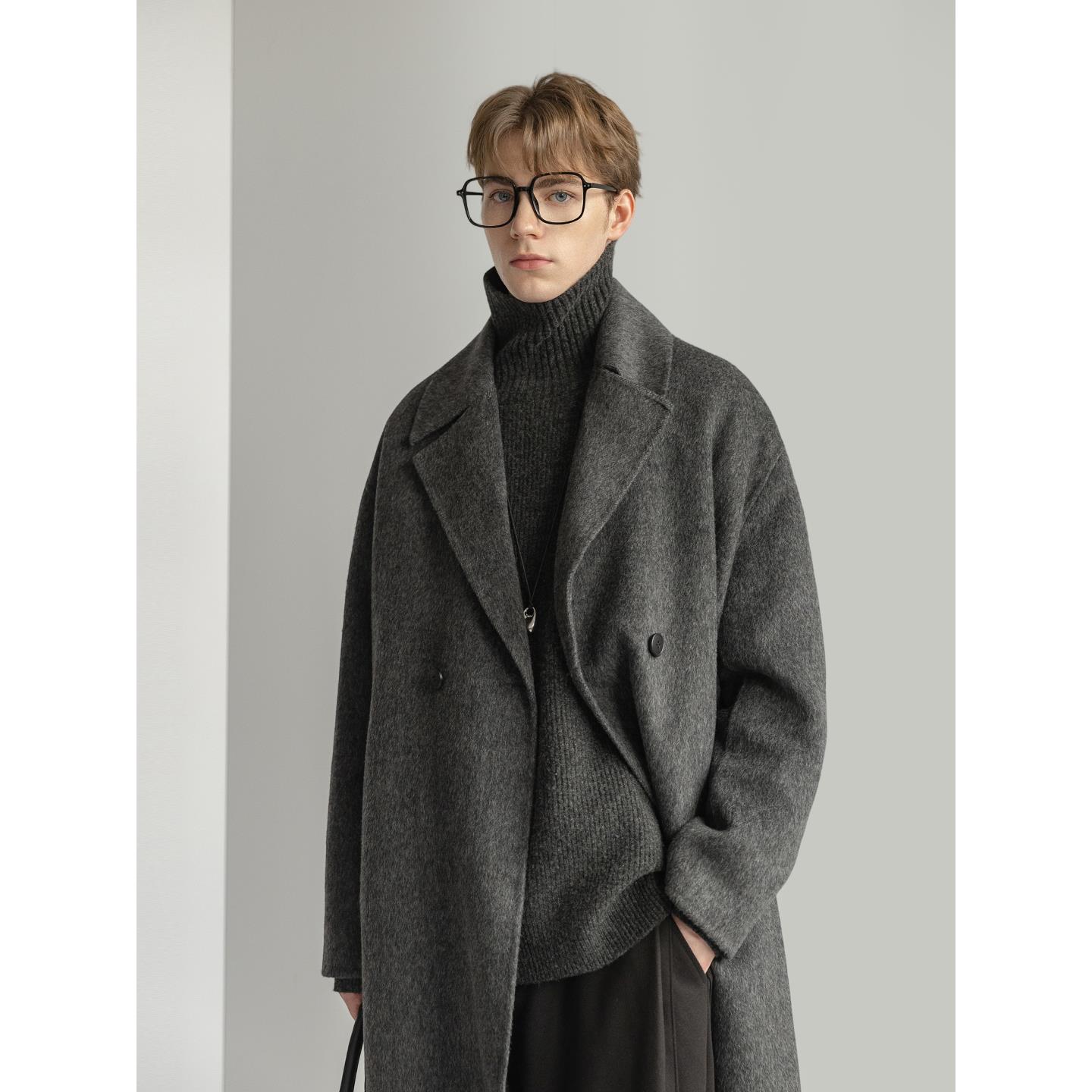 D7K柔软舒适型 冬装新款中长款宽松羊毛混纺双面呢大衣外套男装