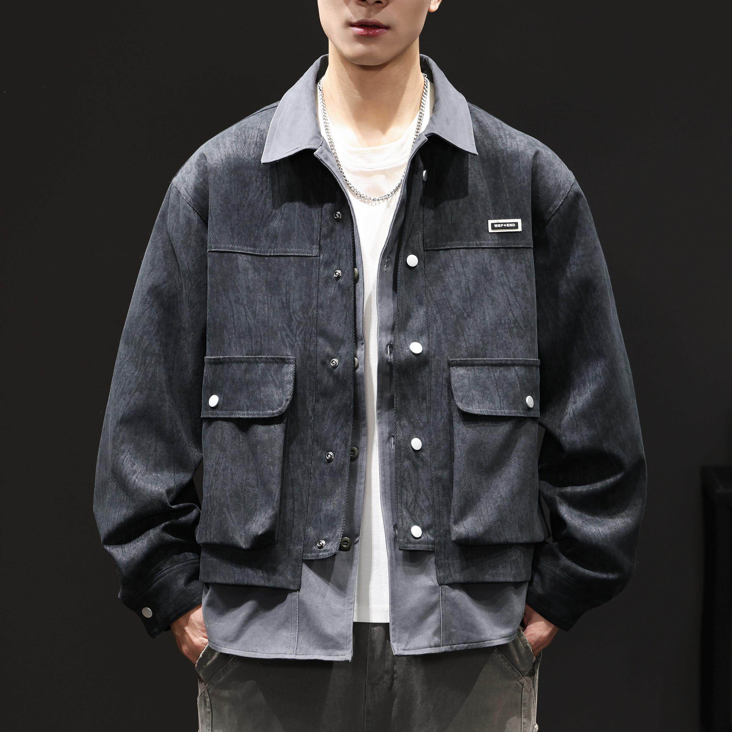 2026春季新款假两件拼接夹克男宽松衬衫式上衣春秋翻领工装风外套