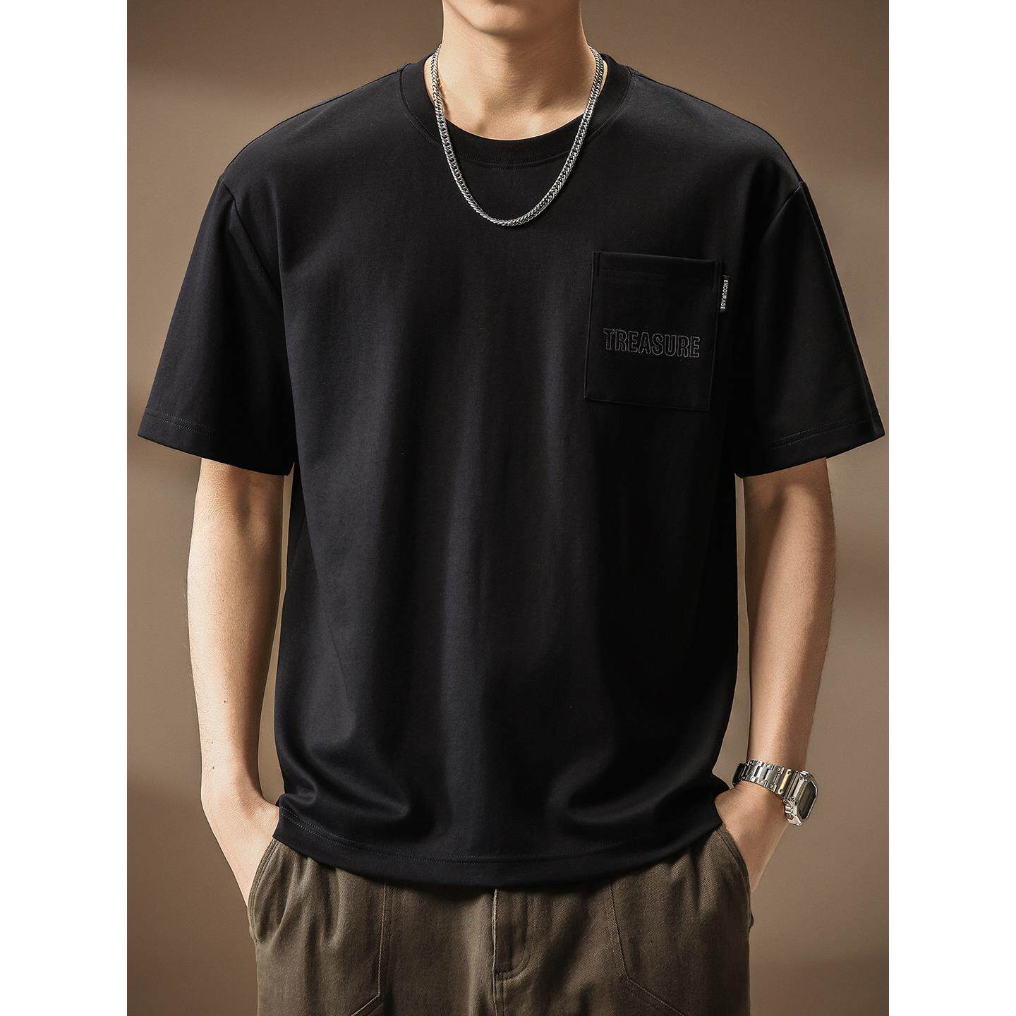 高端重磅简约口袋刺绣短袖T恤男士夏季新款潮牌圆领美式体恤